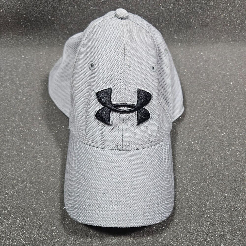 Under Armour Gray Stretch Fit Baseball Cap Hat Black Logo Athletic L/XL